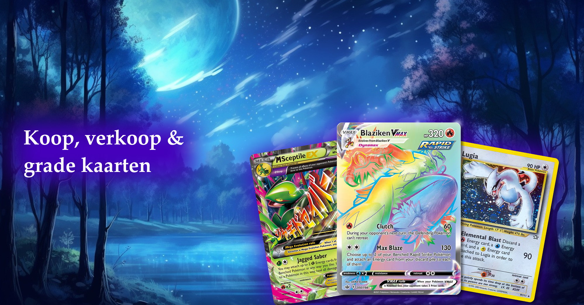 Banner met Pokémon kaarten van EliteTCGShop – koop, verkoop en grade kaarten via Beckett grading